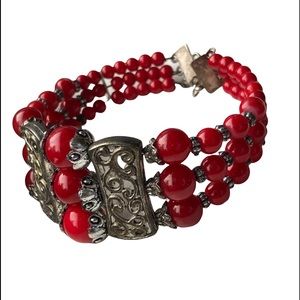 Red and Silver Tone Filagree Beaded Bracelet